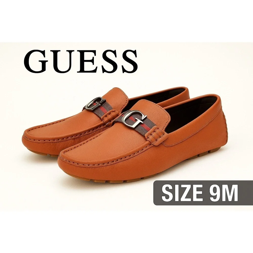 Guess Men's Brown Driver Loafers Size 9M Slip On Moc Toe PU Leather Bit Logo
